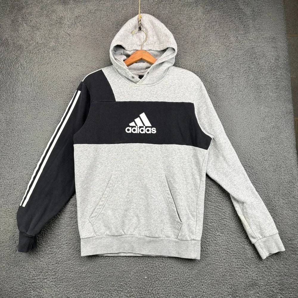 Adidas Mens‎ Colorblock Pullover Hoodie Gray Black Size M Trefoil Logo 3-Stripe